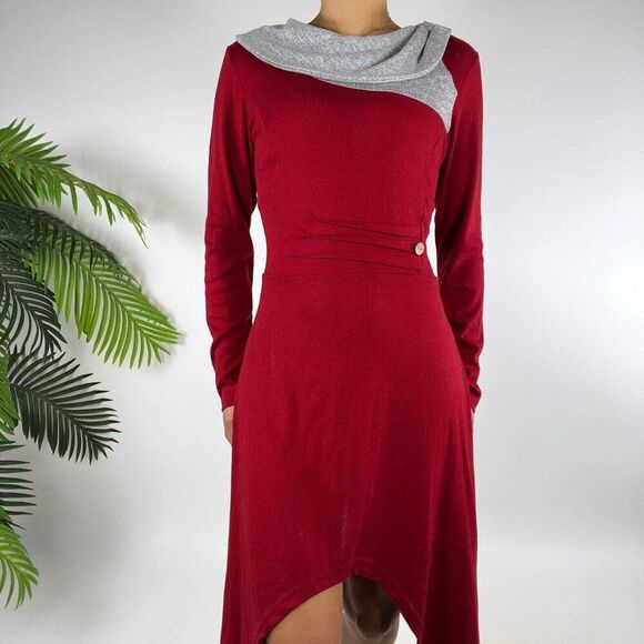 Womens Red Cottagecore Boho Irregular Hem Cowl Neck Long Sleeve Sweater Dress /M - Picture 3 of 7